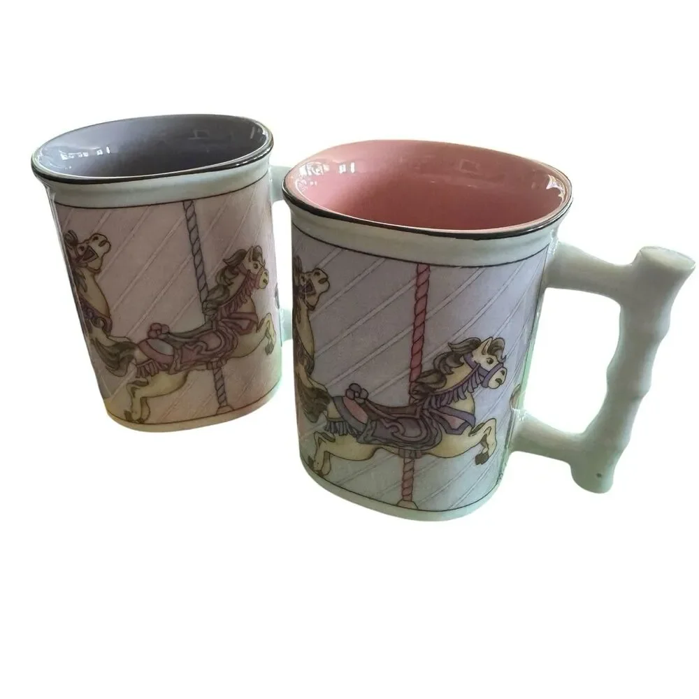 Takahashi Carousel Horse Mugs Bamboo Style Handle Set of 2 Pink‎ Purple